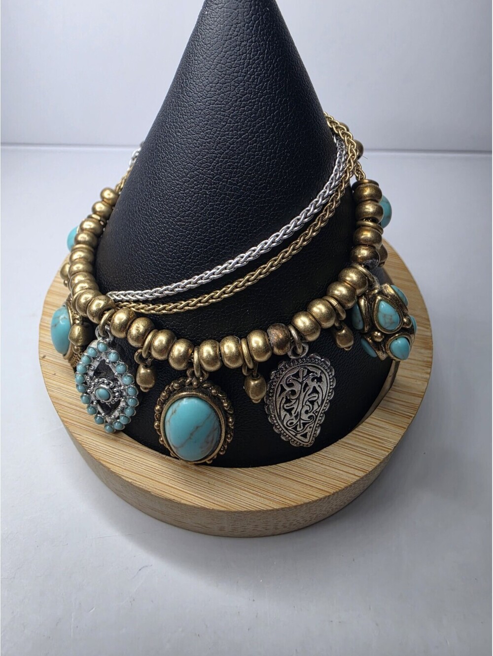 Lucky Brand Multi Strand Faux Turquoise Charm Bracelet Boho Gold Silver Tone